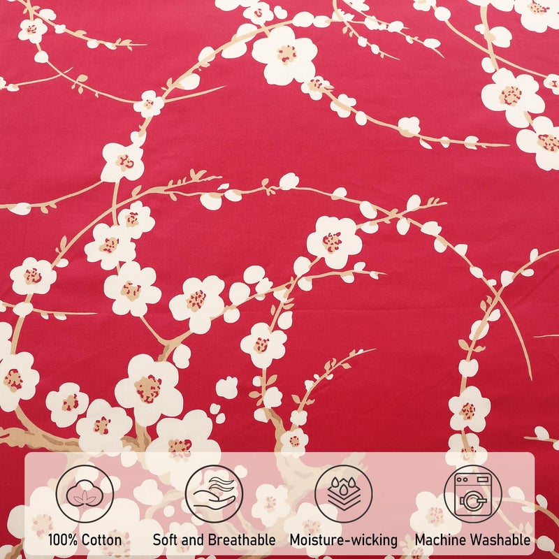 WINLIFE 100% Cotton Pillowcases Set of 2 Floral Printed Pillow Case Beige Plum Blossom on Red Pillow Cover, Queen 20x30'' - Image 5
